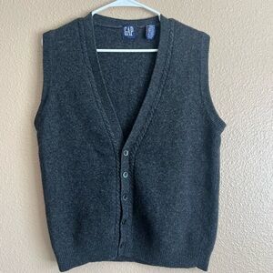 Gap Vintage 100% Lambswool Button Front Dark Gray Sleeveless Preppy Vest M  Flaw